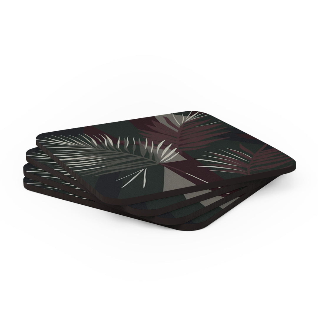 Coaster Set of 4 for Drinks Palm Tree Leaves Maroon Green Background Minimalist