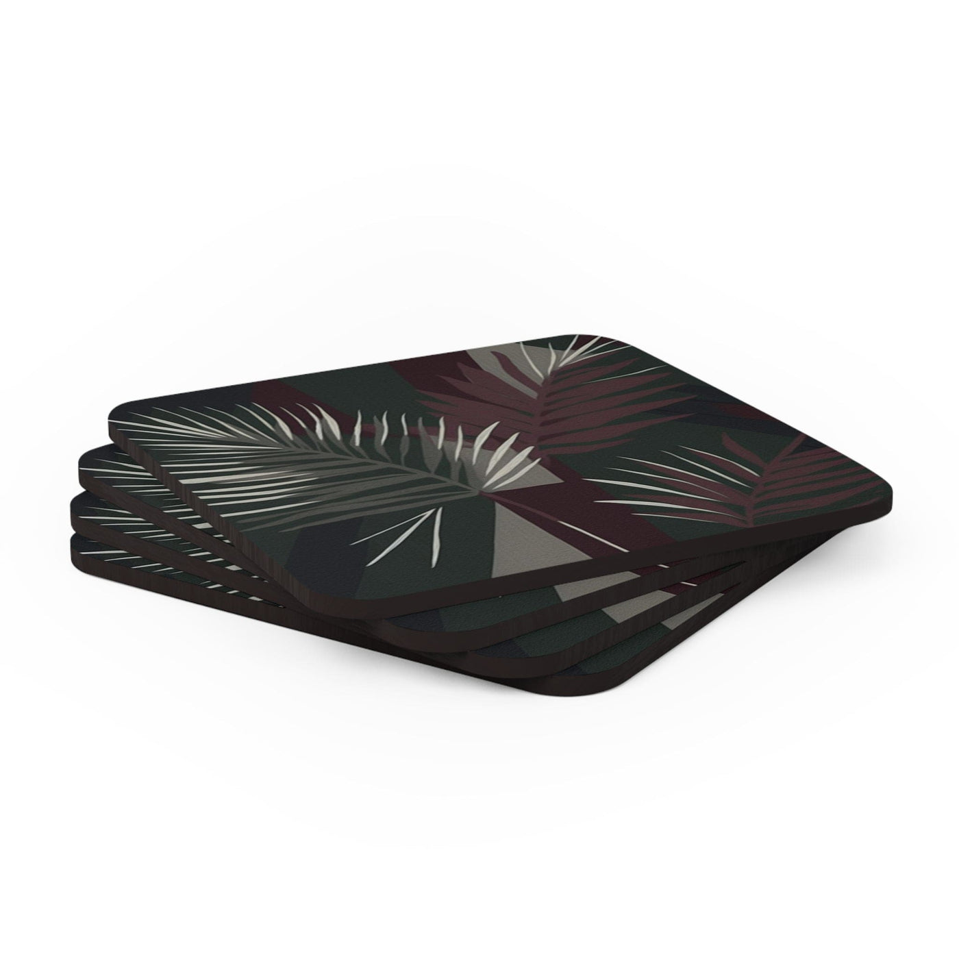 Coaster Set Of 4 For Drinks Palm Tree Leaves Maroon Green Background Minimalist