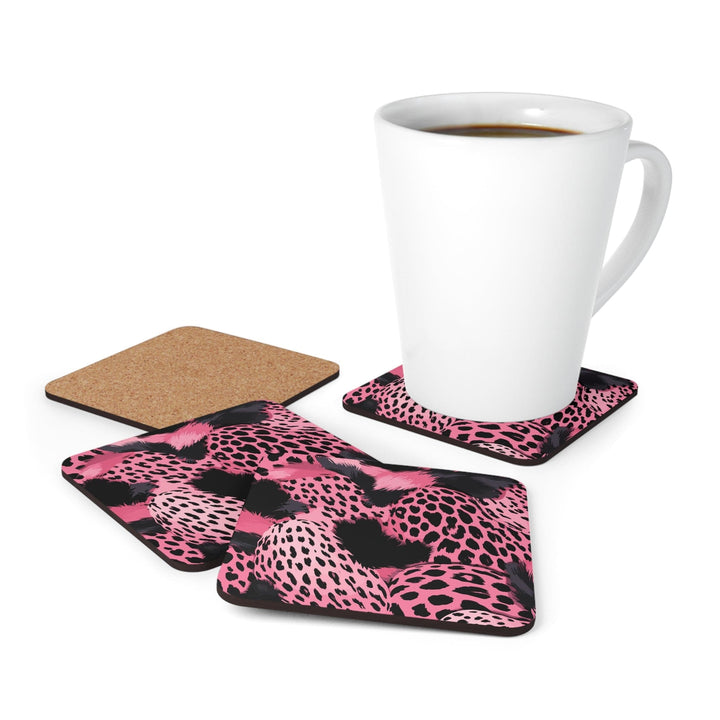 Coaster Set of 4 for Drinks Pink and Black Leopard Spots Illustration