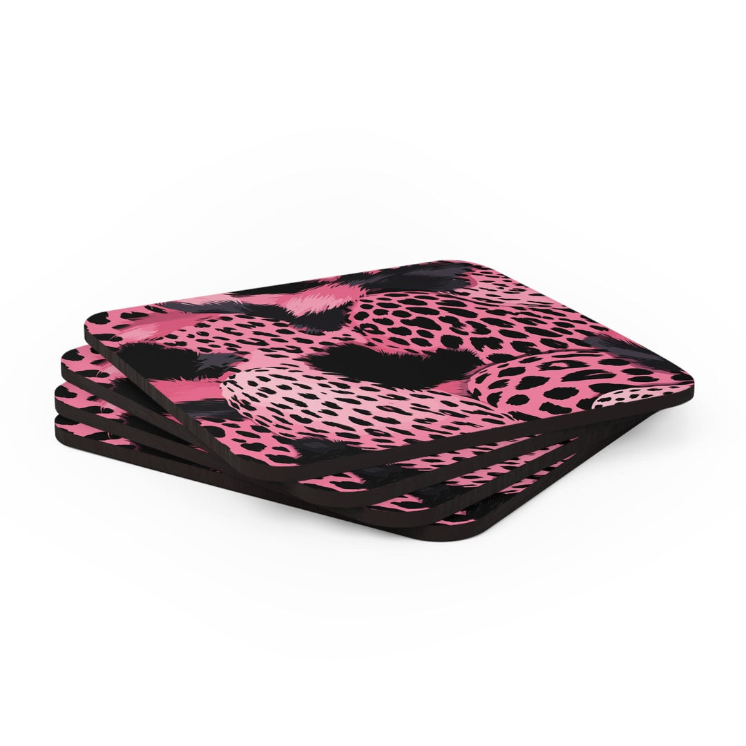 Coaster Set of 4 for Drinks Pink and Black Leopard Spots Illustration