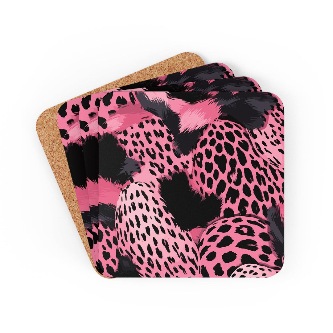 Coaster Set of 4 for Drinks Pink and Black Leopard Spots Illustration