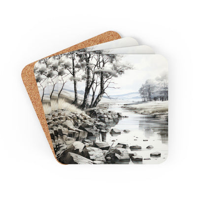 Coaster Set Of 4 For Drinks Still Waters Watercolor Peaceful Lake Print