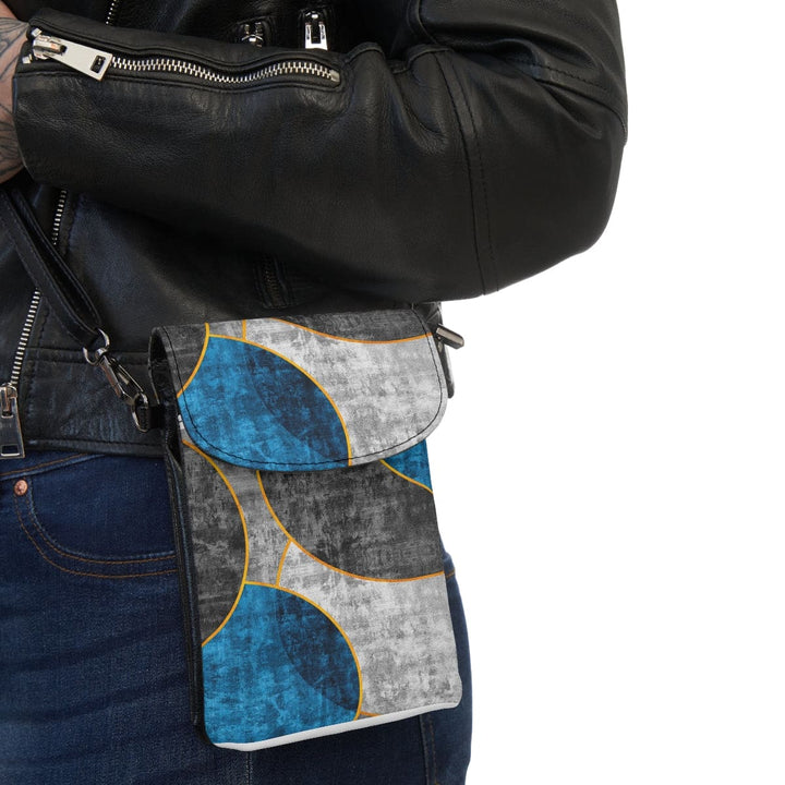 Crossbody Cell Phone Purse - Black Blue Grey Circular Geometric Print