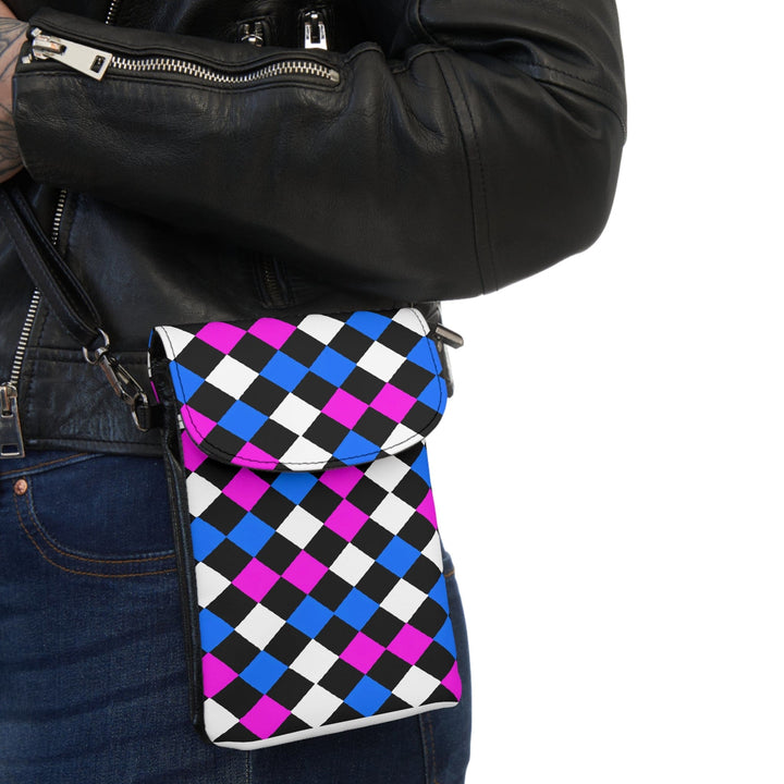 Crossbody Bag Small Cell Phone Purse - Black Pink Blue Checkered Illustration