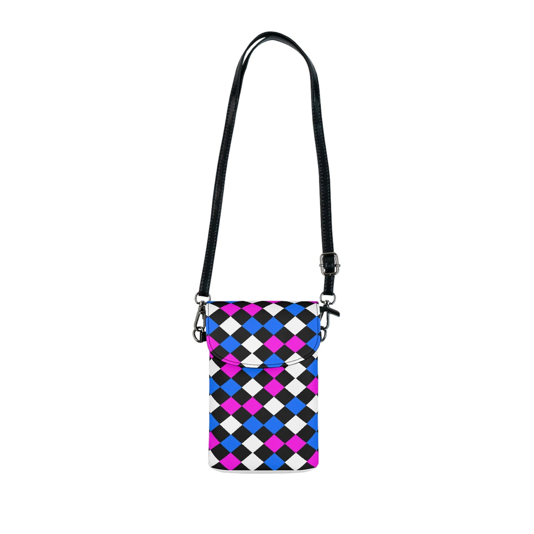 Crossbody Bag Small Cell Phone Purse - Black Pink Blue Checkered Illustration