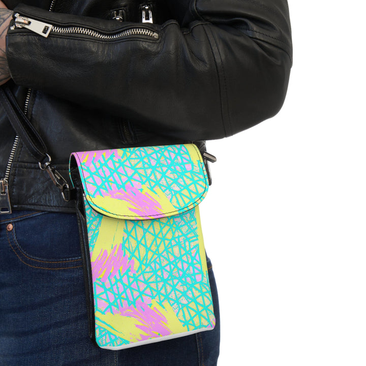 Crossbody Bag Small Cell Phone Purse - Cyan Blue Lime Green and Pink Pattern