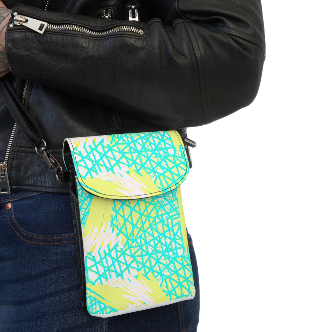 Crossbody Bag Small Cell Phone Purse - Cyan Blue Lime Green and White Pattern