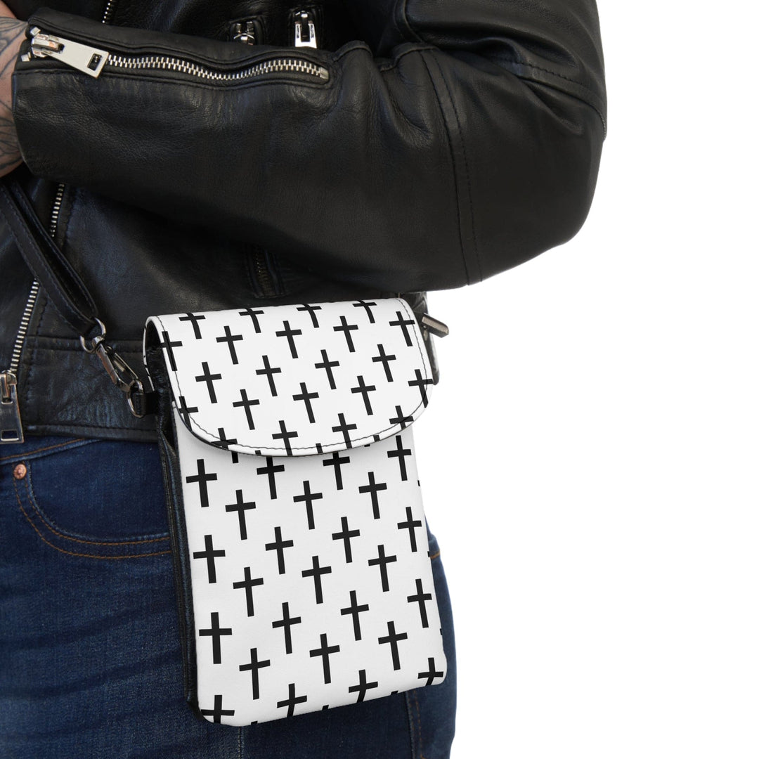 Crossbody Cell Phone Wallet White Black Cross Print - Bags | Crossbody Bags