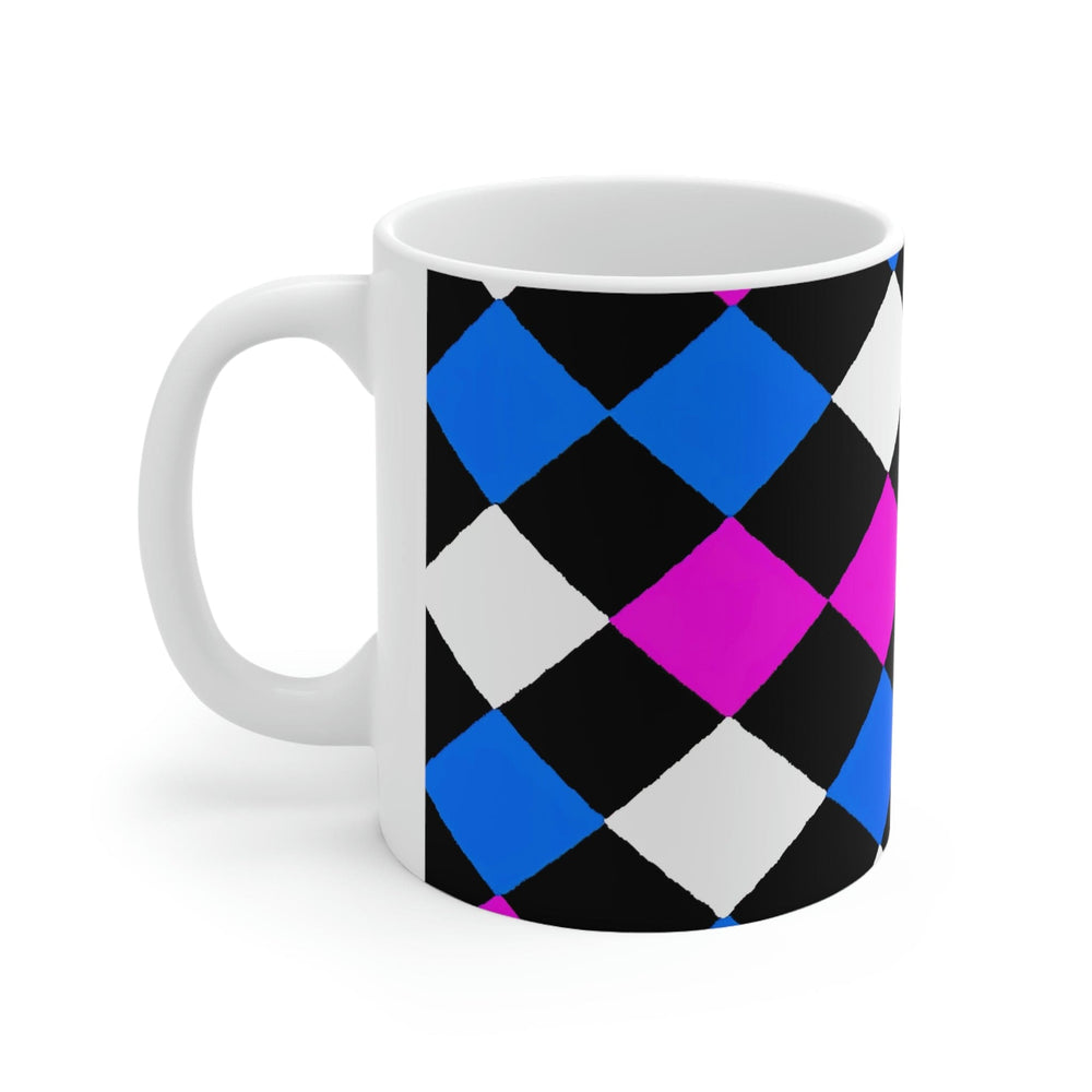 Decorative Ceramic Coffee Mug 15oz Black Pink Blue Checkered Pattern