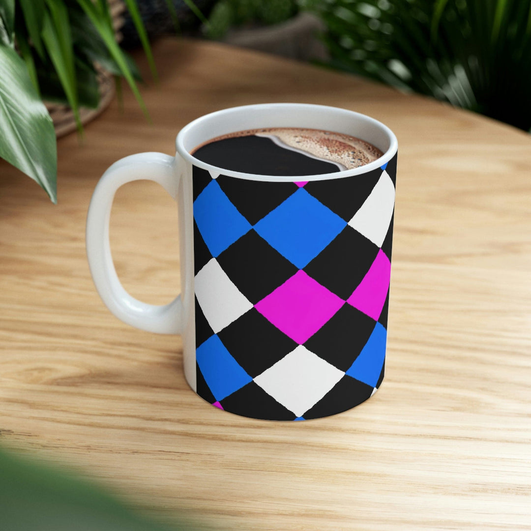 Decorative Ceramic Coffee Mug 11oz Pink Blue Checkered Pattern