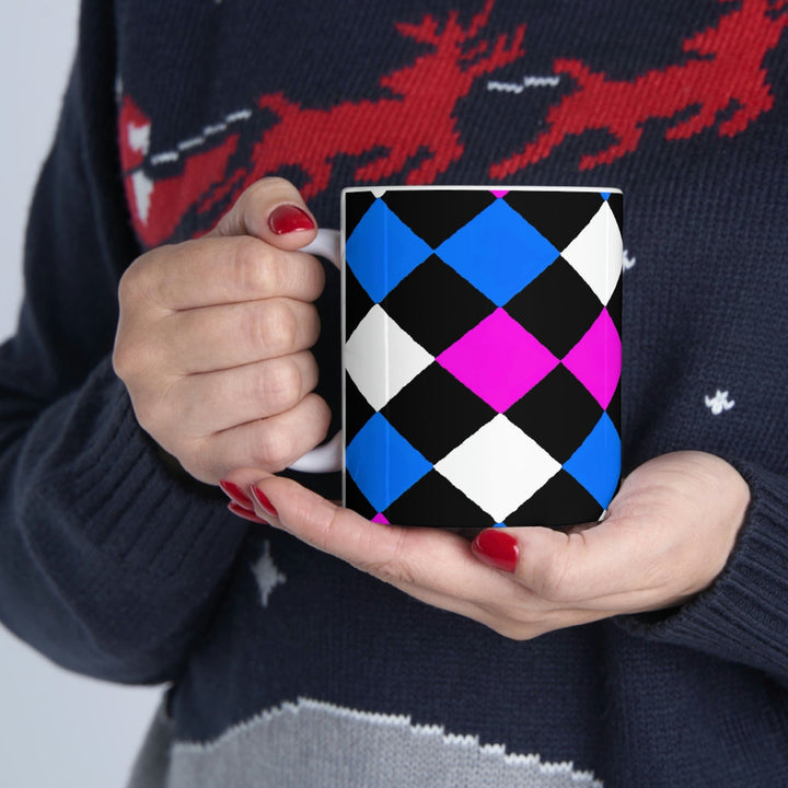 Decorative Ceramic Coffee Mug 11oz Pink Blue Checkered Pattern