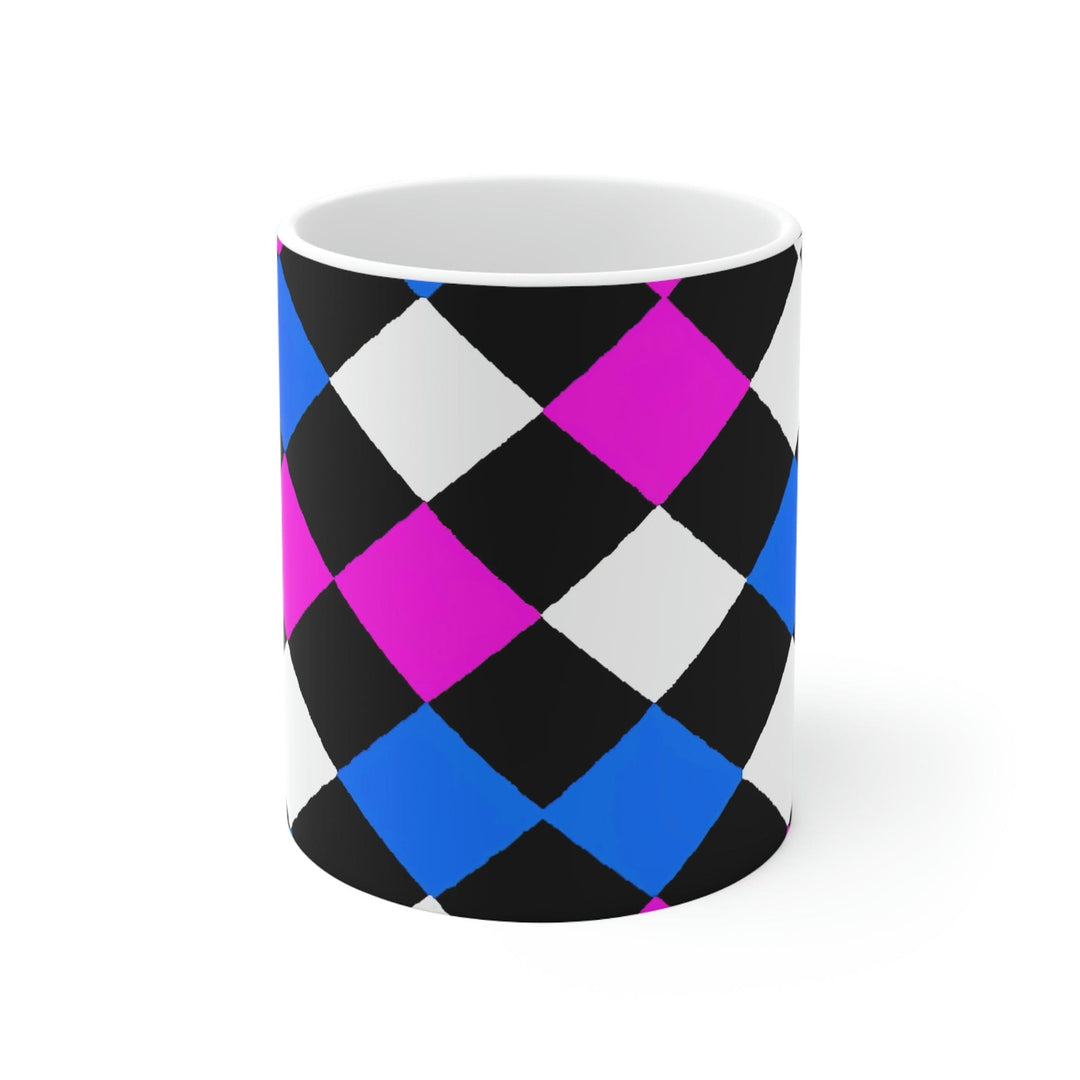 Decorative Ceramic Coffee Mug 15oz Black Pink Blue Checkered Pattern