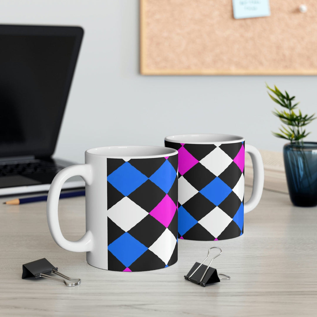 Decorative Ceramic Coffee Mug 11oz Pink Blue Checkered Pattern