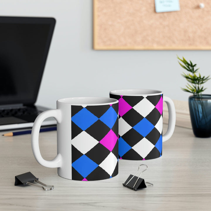 Decorative Ceramic Coffee Mug 11oz Pink Blue Checkered Pattern