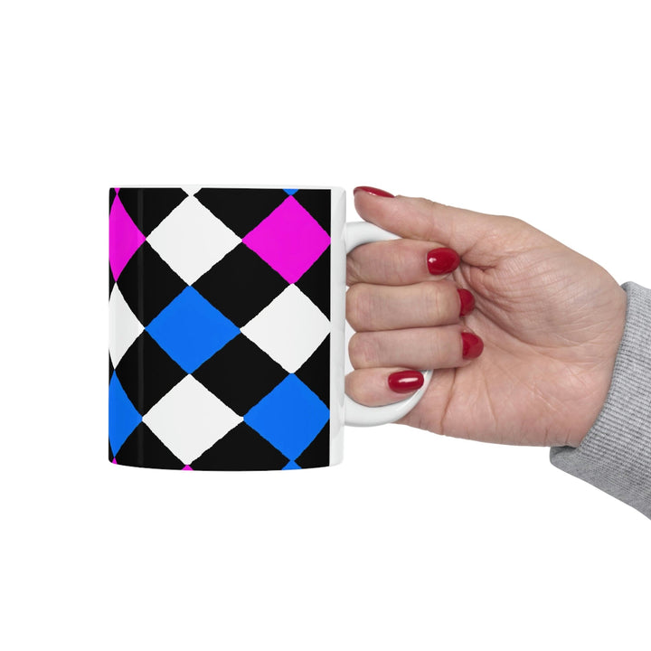 Decorative Ceramic Coffee Mug 11oz Pink Blue Checkered Pattern