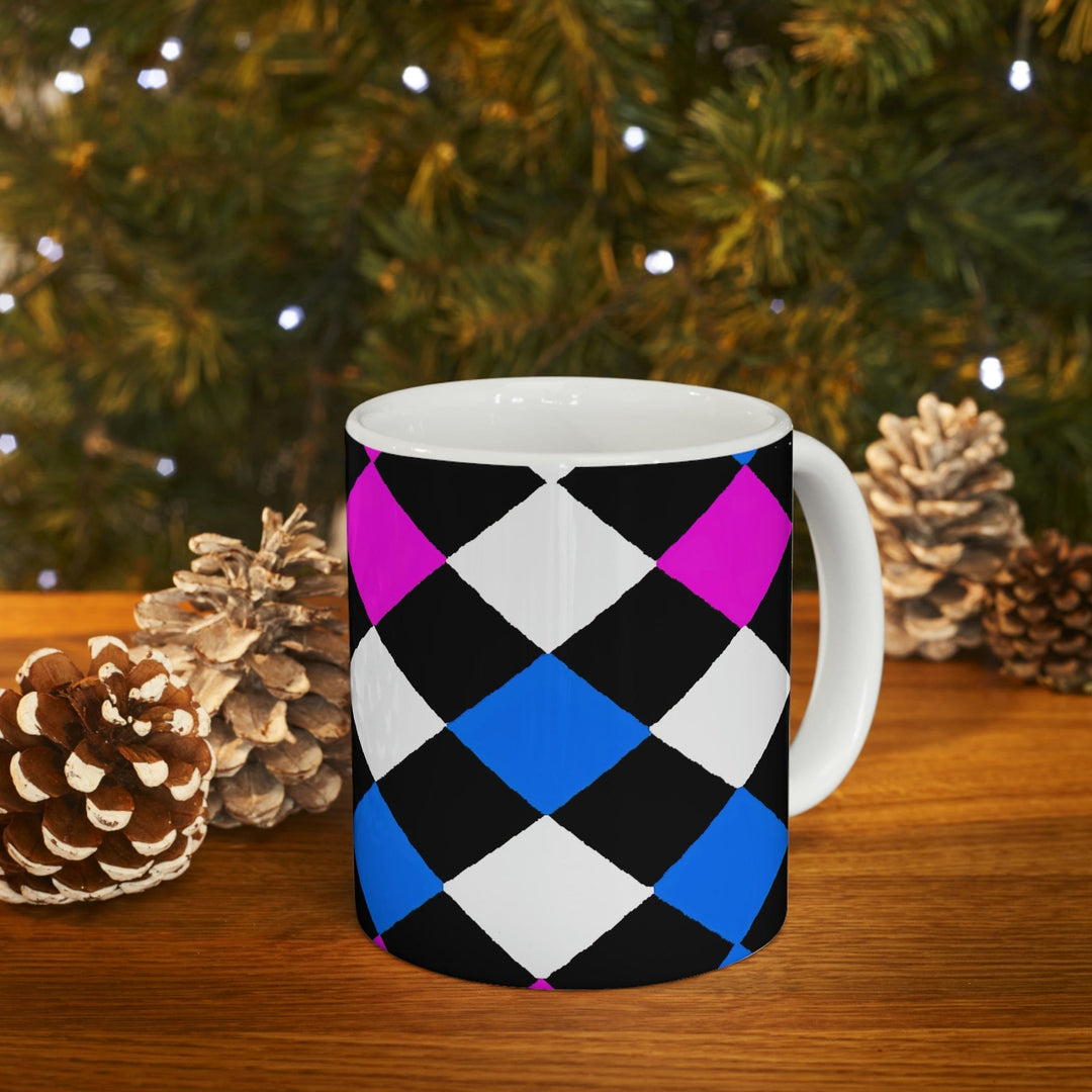 Decorative Ceramic Coffee Mug 11oz Pink Blue Checkered Pattern