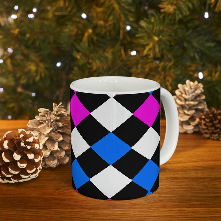 Decorative Ceramic Coffee Mug 11oz Pink Blue Checkered Pattern