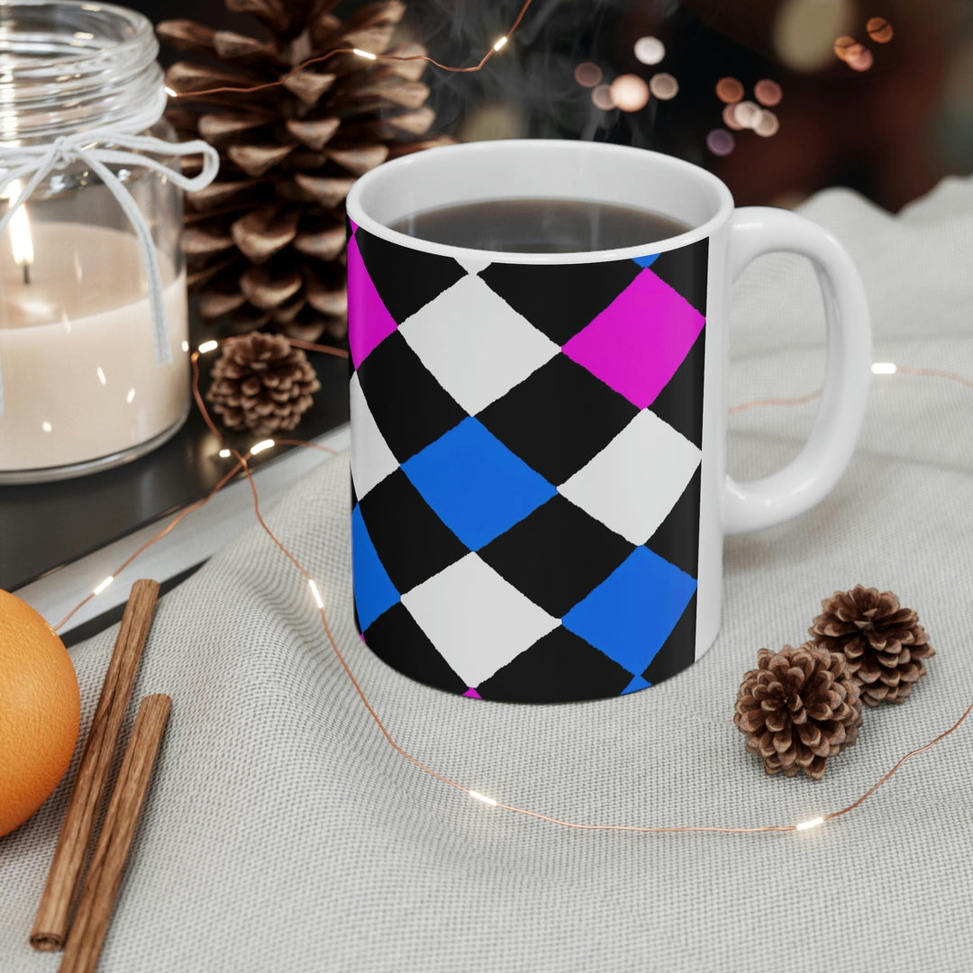 Decorative Ceramic Coffee Mug 11oz Pink Blue Checkered Pattern