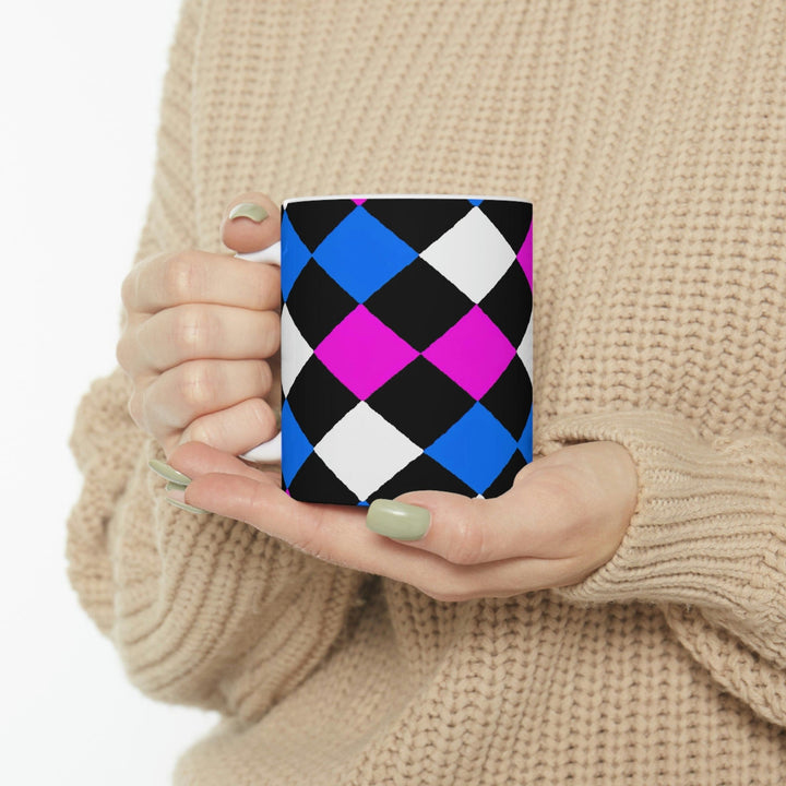 Decorative Ceramic Coffee Mug 11oz Pink Blue Checkered Pattern