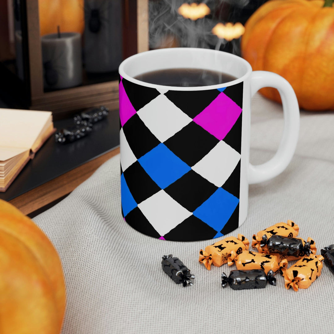 Decorative Ceramic Coffee Mug 11oz Pink Blue Checkered Pattern