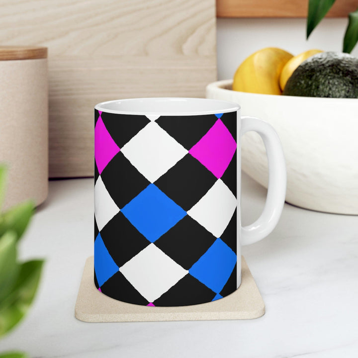 Decorative Ceramic Coffee Mug 11oz Pink Blue Checkered Pattern