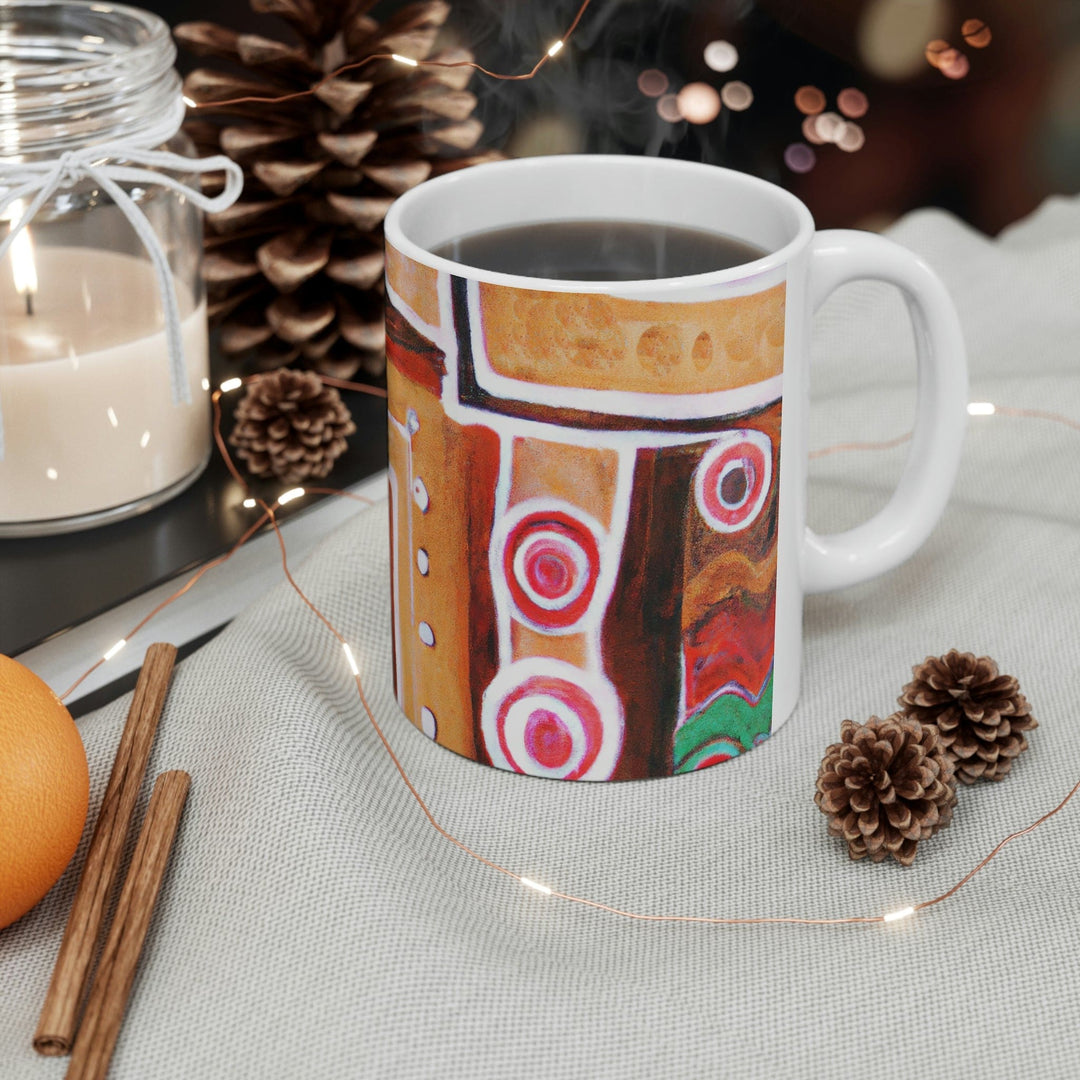 Decorative Ceramic Coffee Mug 11oz - Brown Orange Green Aztec Pattern