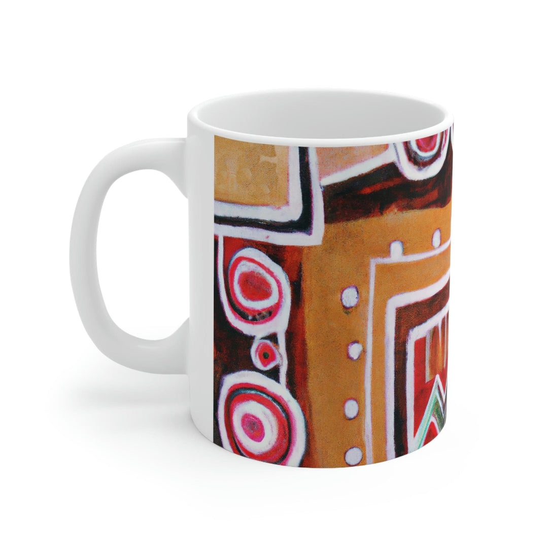 Decorative Ceramic Coffee Mug 11oz - Brown Orange Green Aztec Pattern