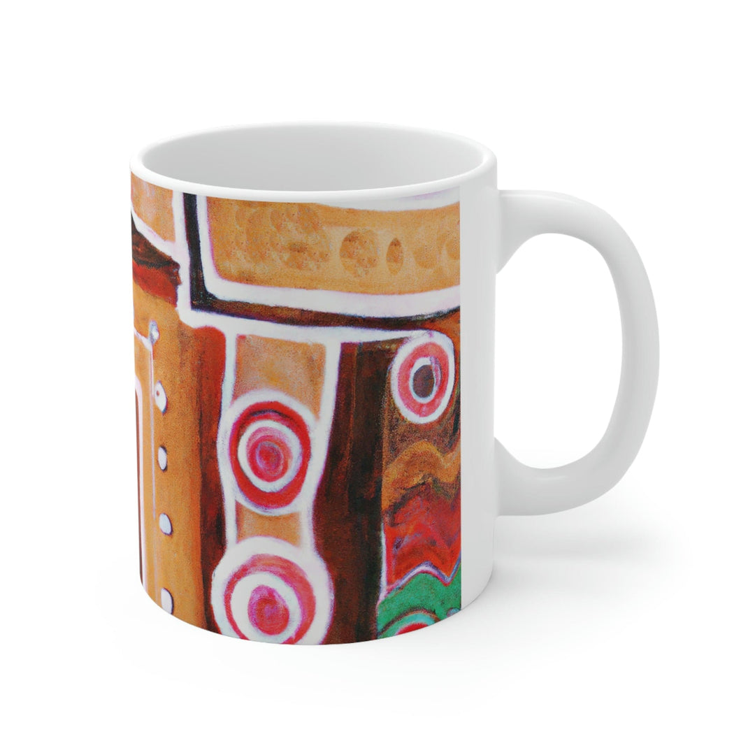 Decorative Ceramic Coffee Mug 11oz - Brown Orange Green Aztec Pattern
