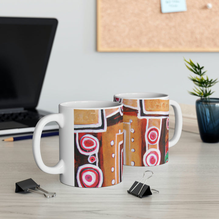 Decorative Ceramic Coffee Mug 11oz - Brown Orange Green Aztec Pattern