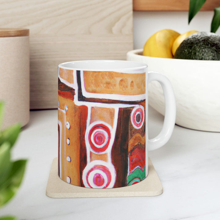 Decorative Ceramic Coffee Mug 11oz - Brown Orange Green Aztec Pattern
