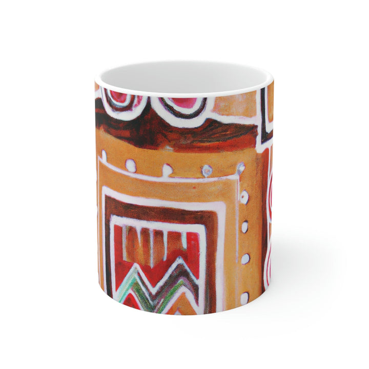 Decorative Ceramic Coffee Mug 11oz - Brown Orange Green Aztec Pattern