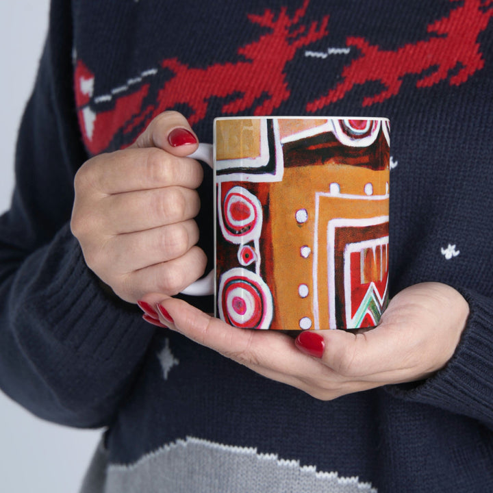 Decorative Ceramic Coffee Mug 11oz - Brown Orange Green Aztec Pattern