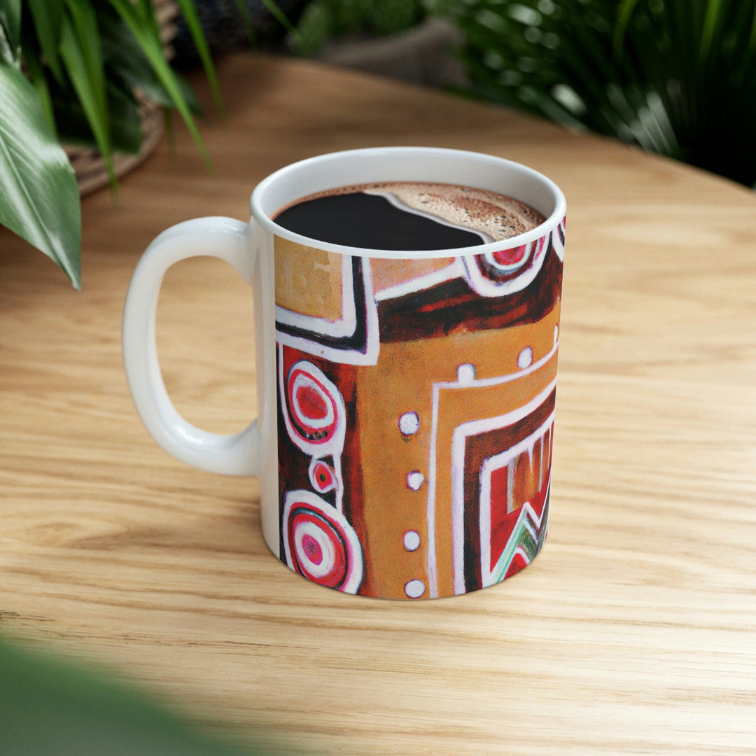 Decorative Ceramic Coffee Mug 11oz - Brown Orange Green Aztec Pattern