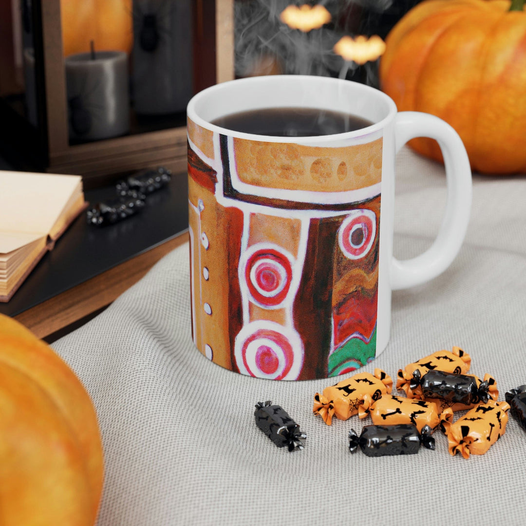 Decorative Ceramic Coffee Mug 11oz - Brown Orange Green Aztec Pattern