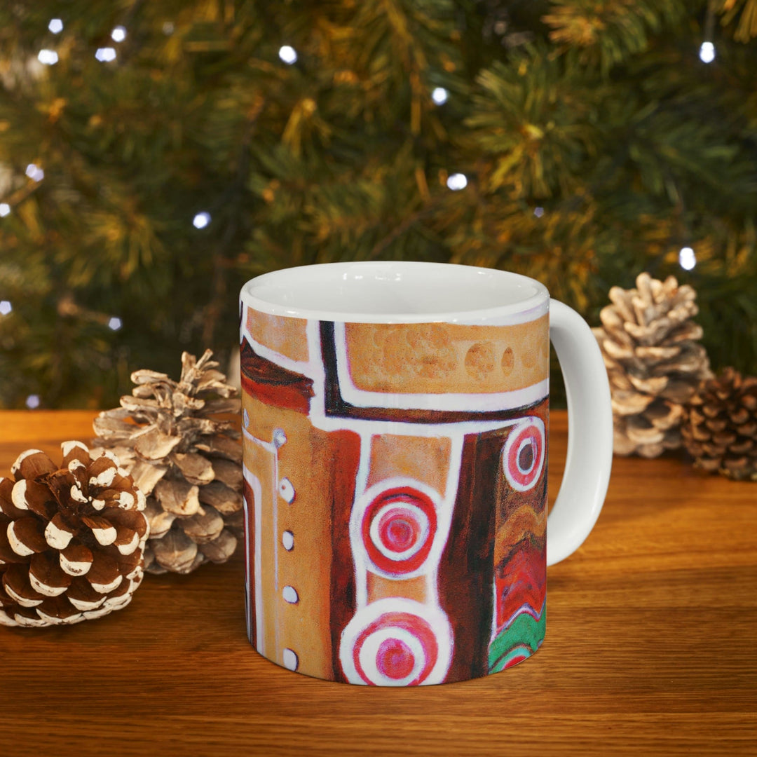 Decorative Ceramic Coffee Mug 11oz - Brown Orange Green Aztec Pattern