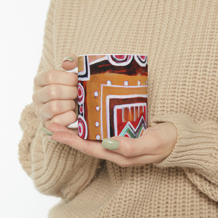 Decorative Ceramic Coffee Mug 11oz - Brown Orange Green Aztec Pattern
