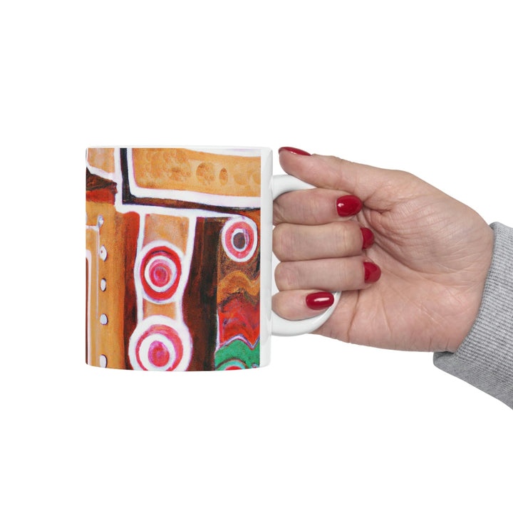 Decorative Ceramic Coffee Mug 11oz - Brown Orange Green Aztec Pattern