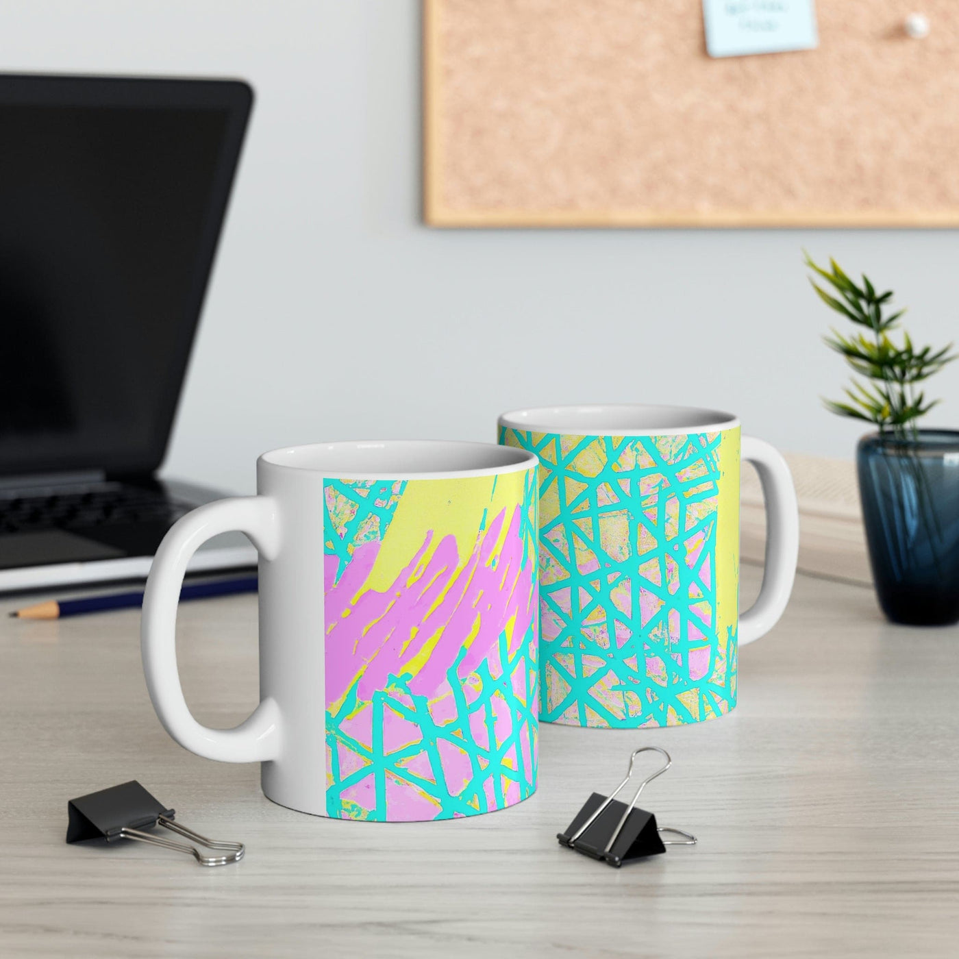Decorative Ceramic Coffee Mug 15oz Cyan Blue Lime Green And Pink Pattern