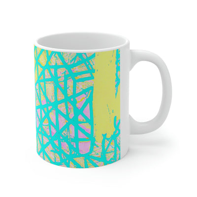 Decorative Ceramic Coffee Mug 15oz Cyan Blue Lime Green And Pink Pattern