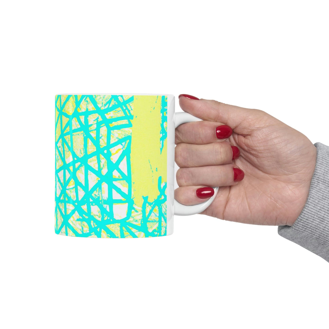Decorative Ceramic Coffee Mug 11oz - Cyan Blue Lime Green and White Pattern