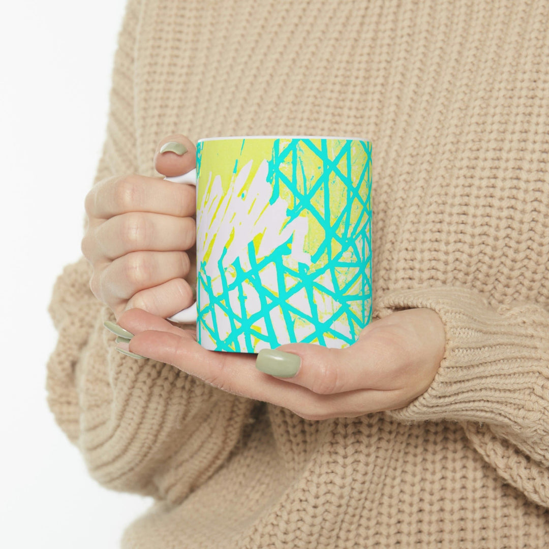 Decorative Ceramic Coffee Mug 11oz - Cyan Blue Lime Green and White Pattern
