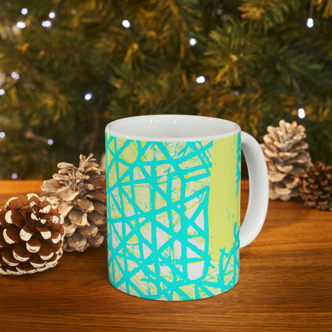 Decorative Ceramic Coffee Mug 11oz - Cyan Blue Lime Green and White Pattern