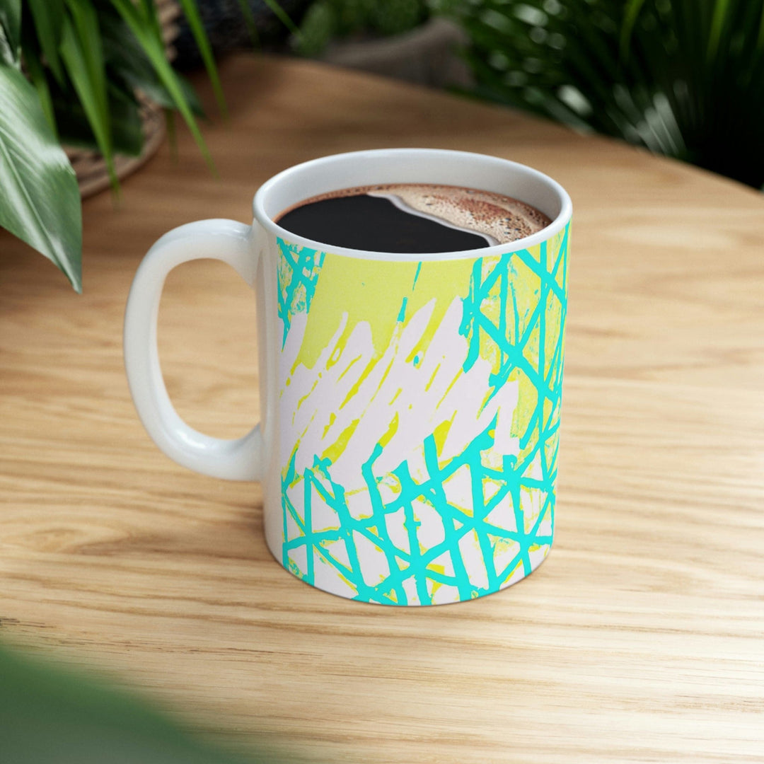 Decorative Ceramic Coffee Mug 11oz - Cyan Blue Lime Green and White Pattern