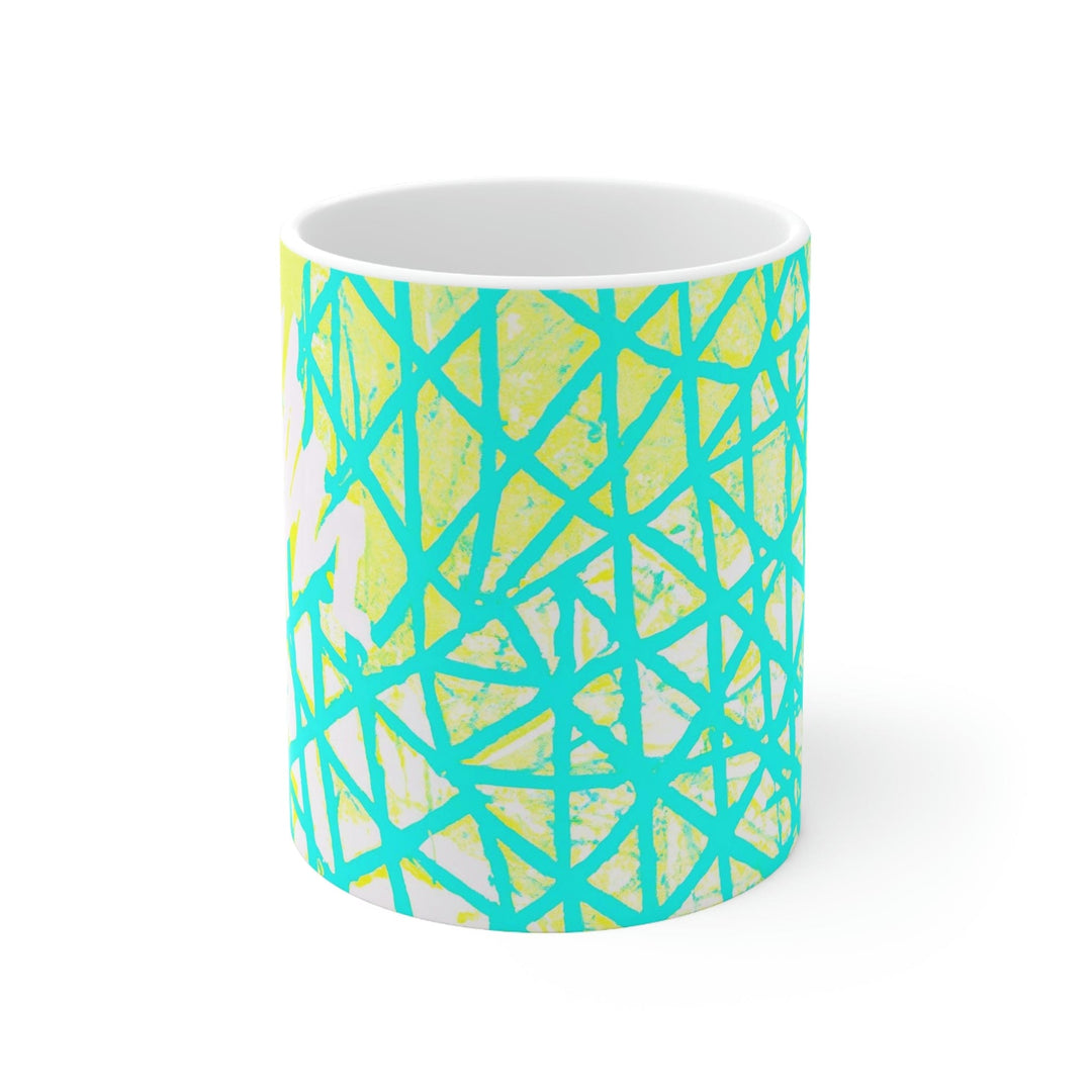 Decorative Ceramic Coffee Mug 11oz - Cyan Blue Lime Green and White Pattern