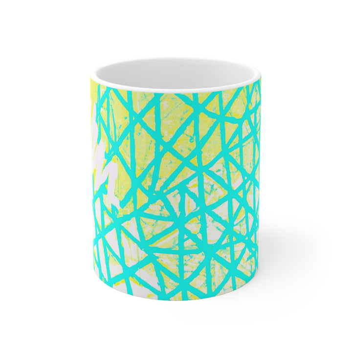Decorative Ceramic Coffee Mug 11oz - Cyan Blue Lime Green and White Pattern