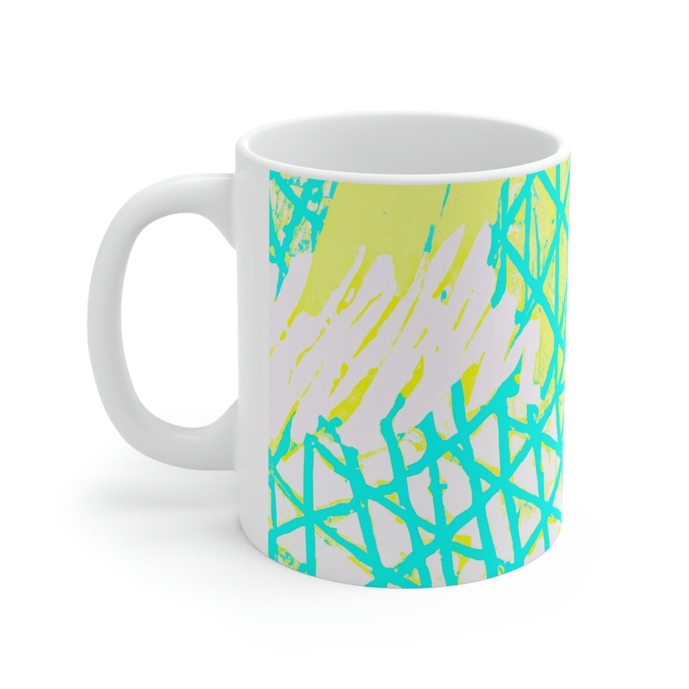 Decorative Ceramic Coffee Mug 11oz - Cyan Blue Lime Green and White Pattern