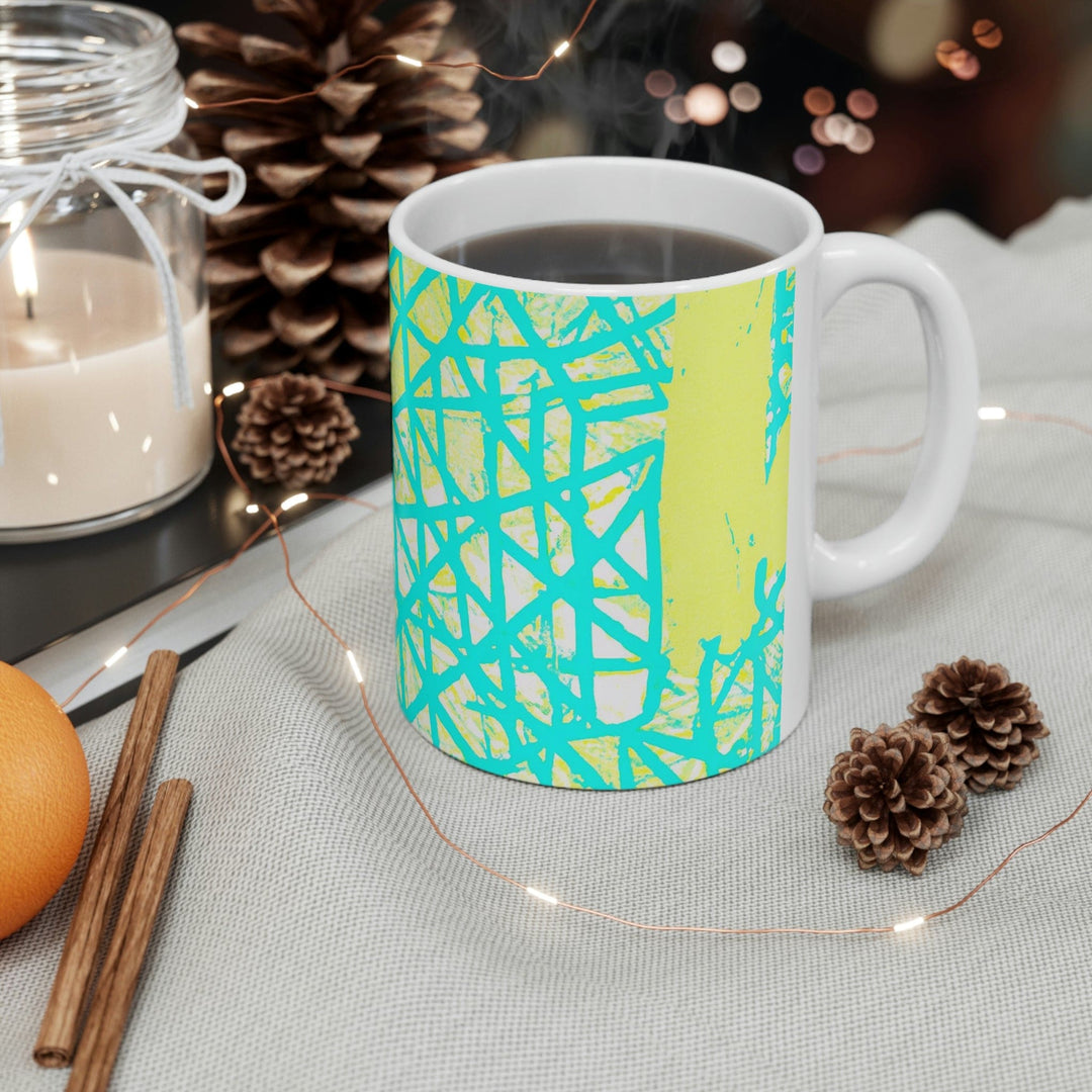 Decorative Ceramic Coffee Mug 11oz - Cyan Blue Lime Green and White Pattern