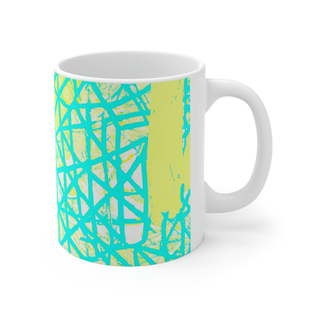 Decorative Ceramic Coffee Mug 11oz - Cyan Blue Lime Green and White Pattern