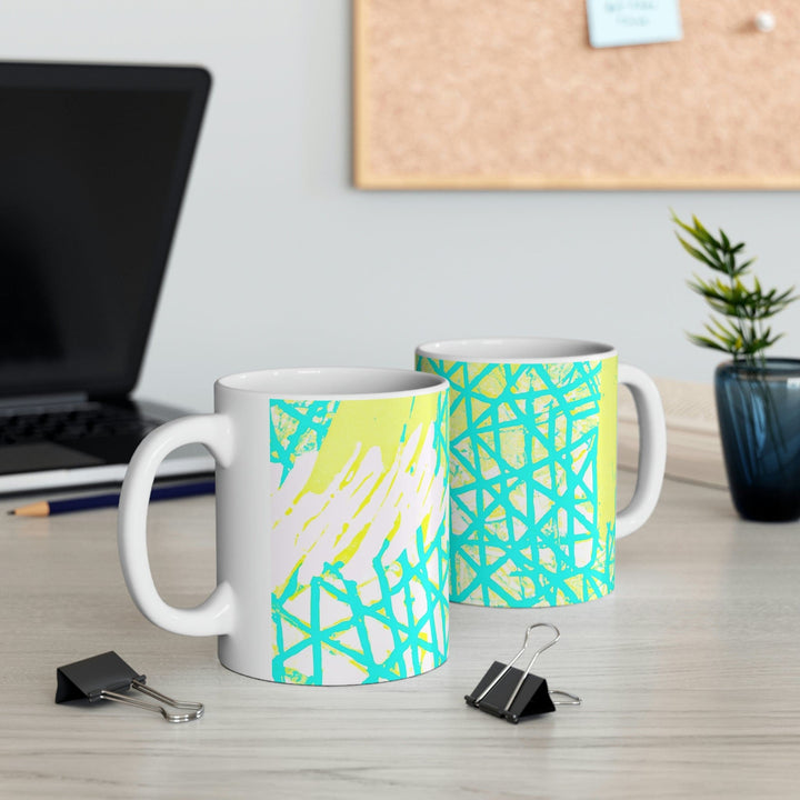 Decorative Ceramic Coffee Mug 11oz - Cyan Blue Lime Green and White Pattern