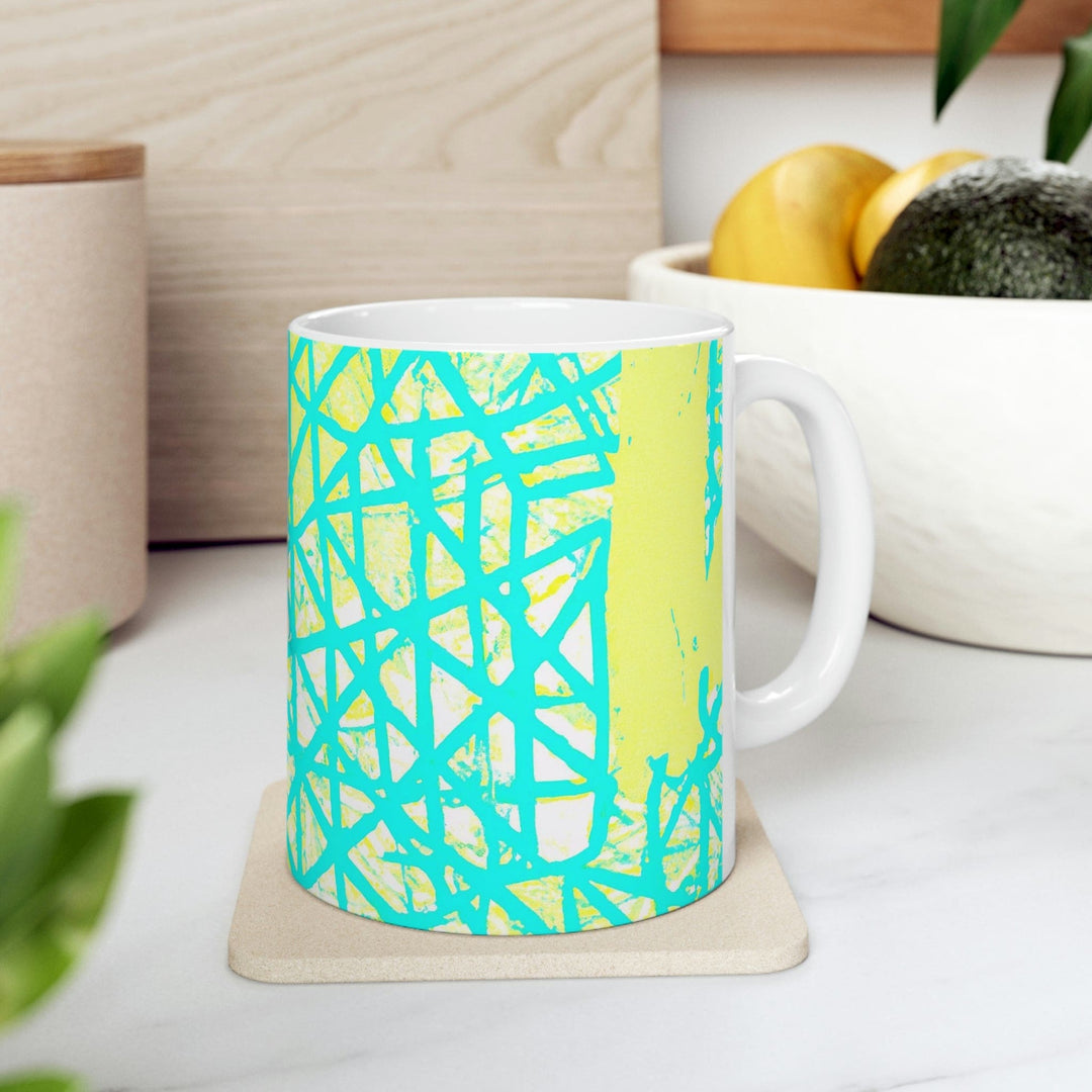 Decorative Ceramic Coffee Mug 11oz - Cyan Blue Lime Green and White Pattern